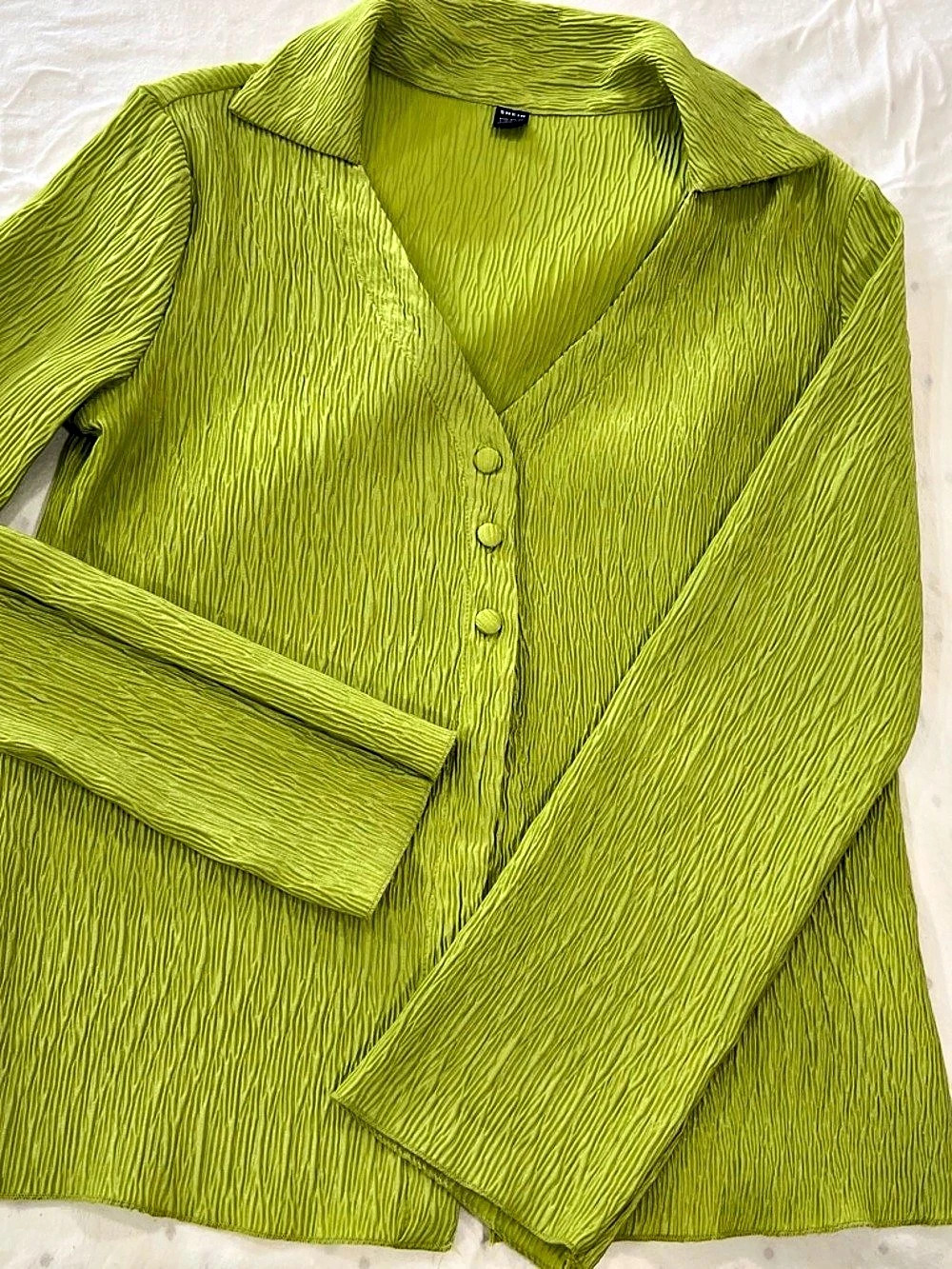 Green Pleated blouse & Straight-Leg Pants Set